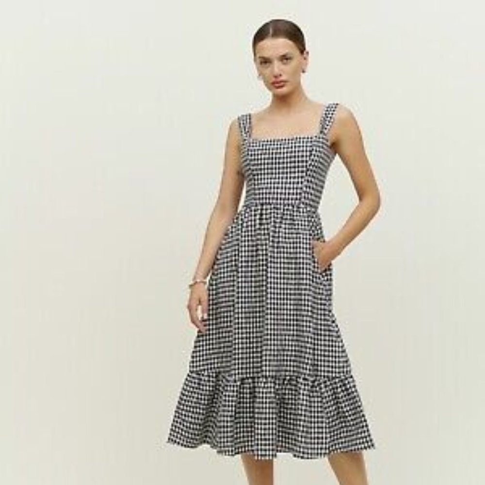 Reformation Linen Bucatini Dress in Black & White Gingham Print Size 4, NWT